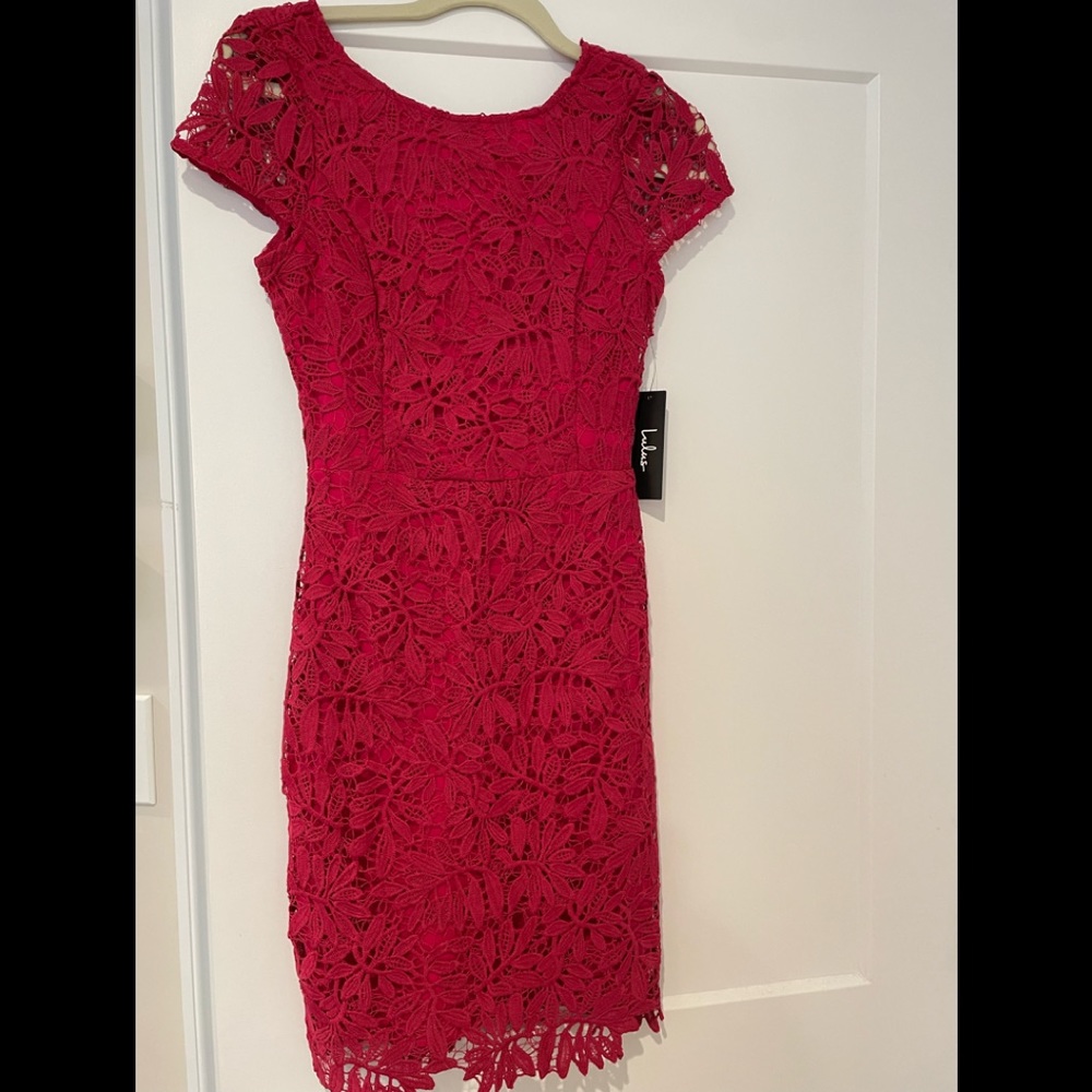 NWT LuLu’s Right Sheer, Right Now Magenta Lace Bodycon Dress Size Small
